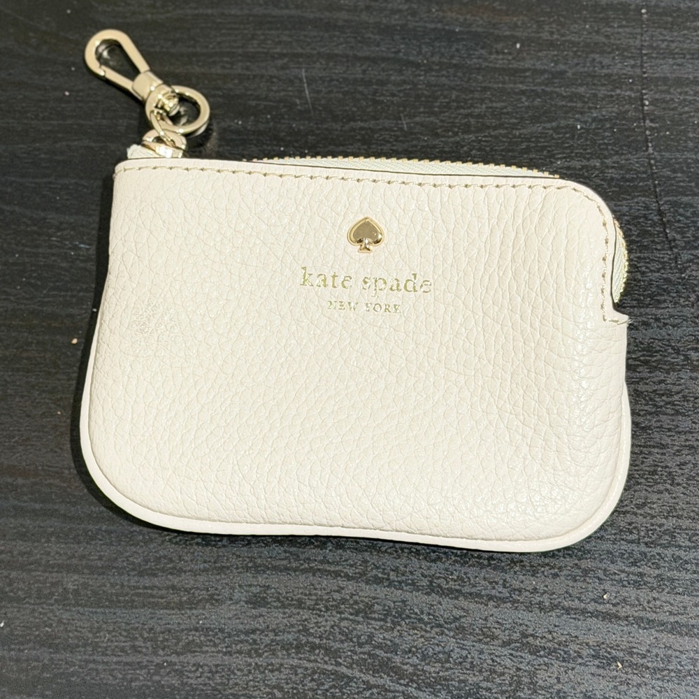Kate Spade Off White Pebbled Leather Coin Purse Keychain Zip Pouch Bag Charm